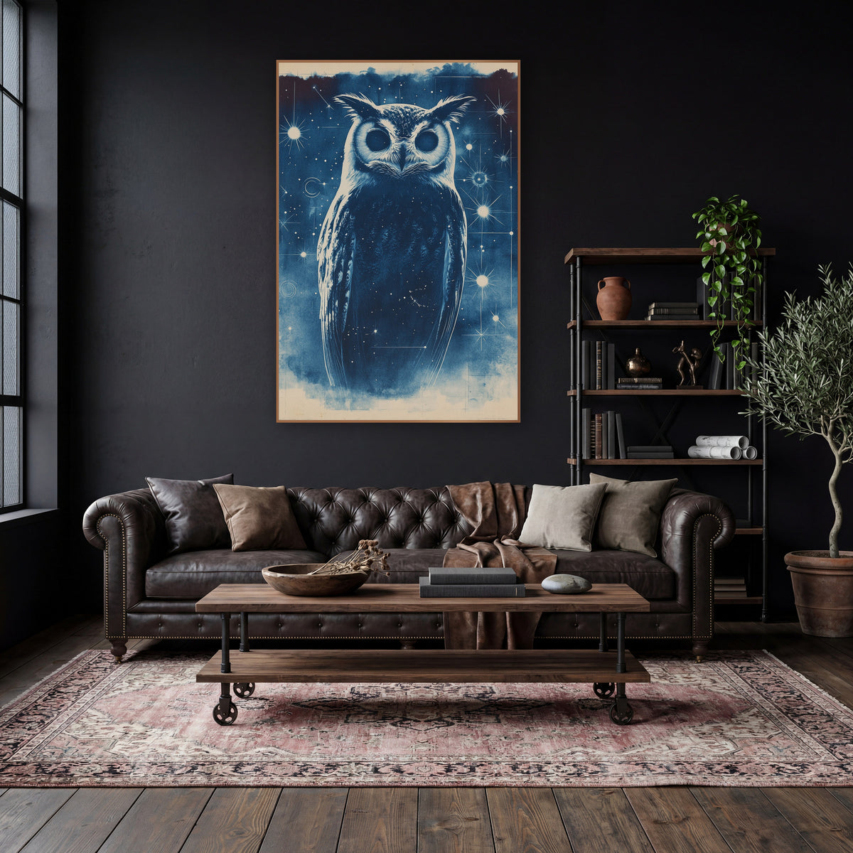 Starlit Owl Midnight Blue Celestial wall art in a moody dark academia room – navy blue owl with tufted ears and round