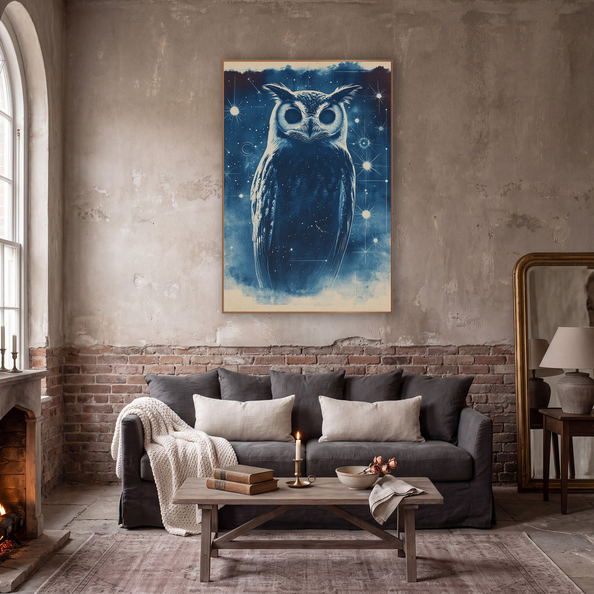 Starlit Owl Midnight Blue Celestial wall art in a moody dark academia room – navy blue owl with tufted ears and round