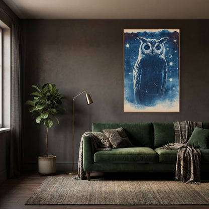 Starlit Owl Midnight Blue Celestial wall art in a moody dark academia room – navy blue owl with tufted ears and round