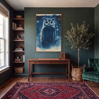 Starlit Owl Midnight Blue Celestial wall art in a moody dark academia room – navy blue owl with tufted ears and round