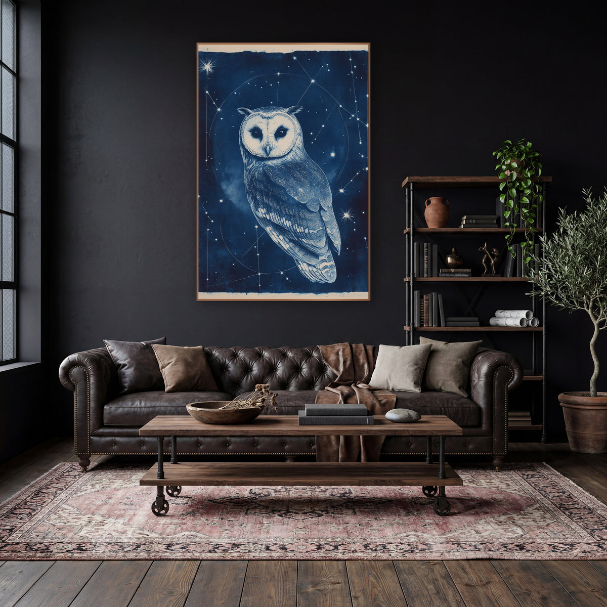 Midnight Blue Owl Constellation Cyanotype Style wall art in a moody dark academia room – owl with a pale heart-shaped