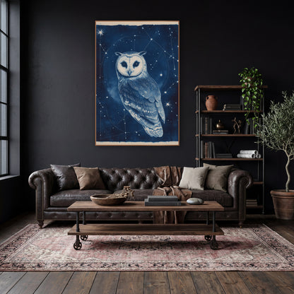 Midnight Blue Owl Constellation Cyanotype Style wall art in a moody dark academia room – owl with a pale heart-shaped