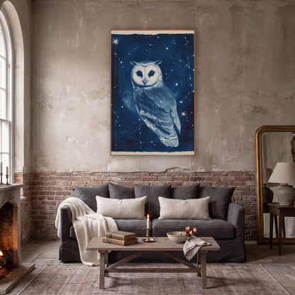 Midnight Blue Owl Constellation Cyanotype Style wall art in a moody dark academia room – owl with a pale heart-shaped