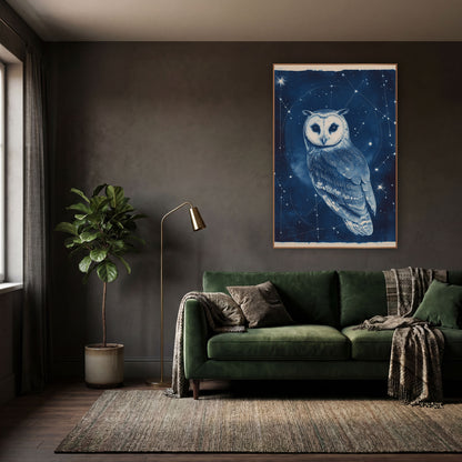 Midnight Blue Owl Constellation Cyanotype Style wall art in a moody dark academia room – owl with a pale heart-shaped