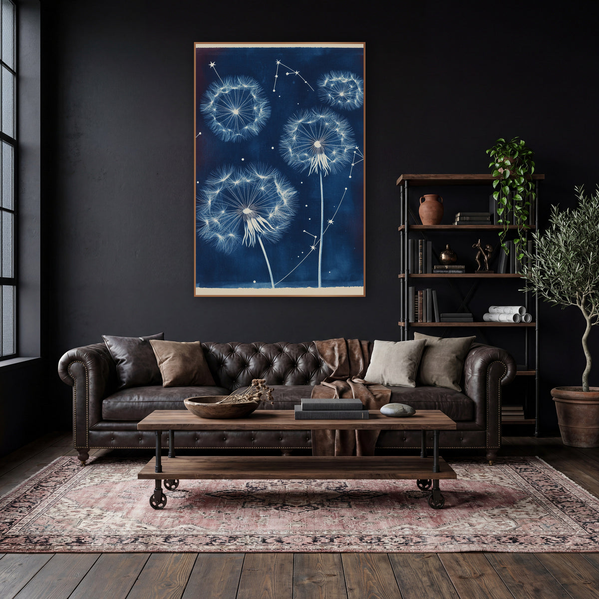 Three Dandelion Star Chart Botanical wall art in a moody dark academia room – white dandelion seed heads and star