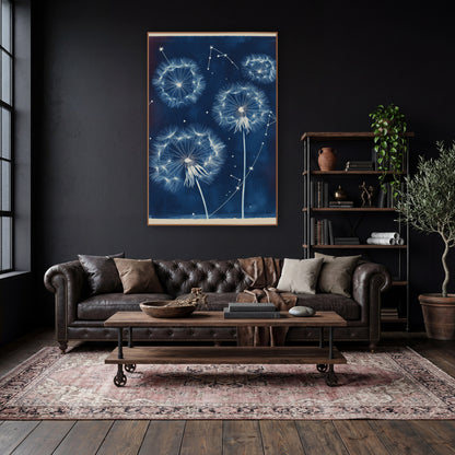 Three Dandelion Star Chart Botanical wall art in a moody dark academia room – white dandelion seed heads and star
