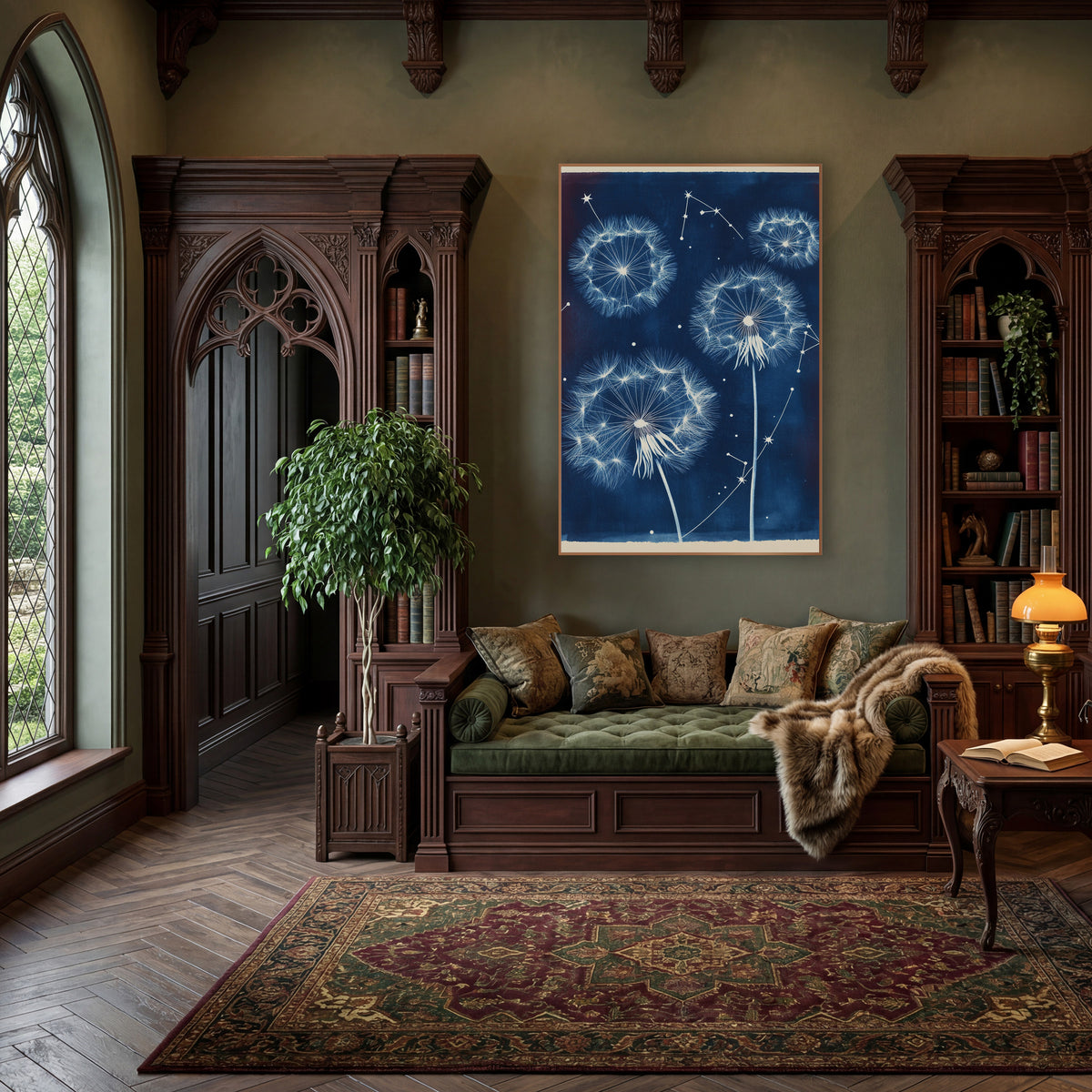 Three Dandelion Star Chart Botanical wall art in a moody dark academia room – white dandelion seed heads and star