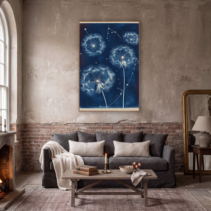 Three Dandelion Star Chart Botanical wall art in a moody dark academia room – white dandelion seed heads and star