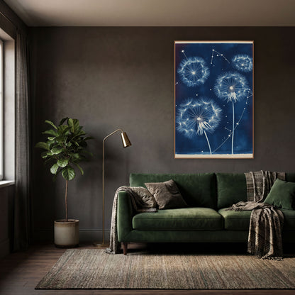 Three Dandelion Star Chart Botanical wall art in a moody dark academia room – white dandelion seed heads and star