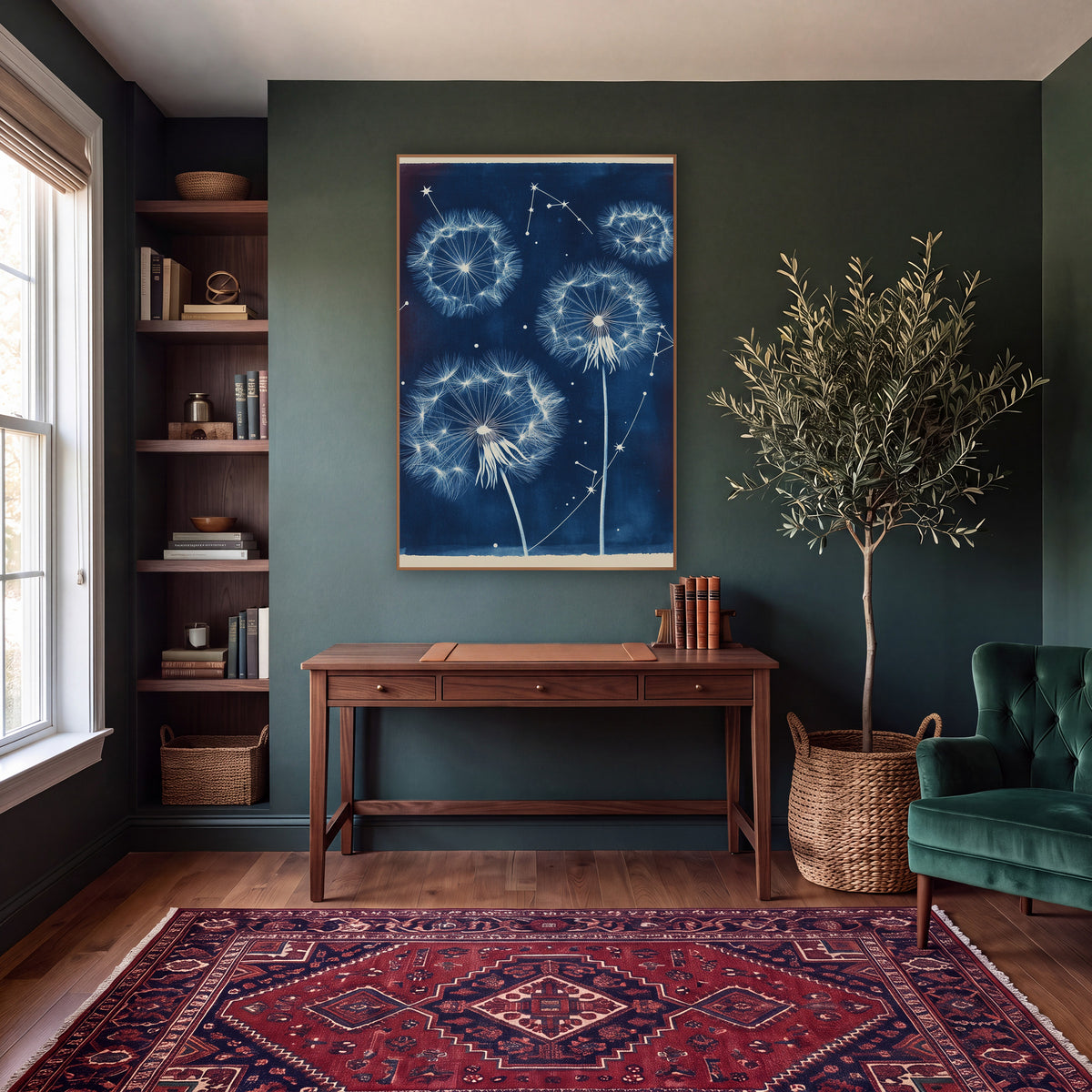 Three Dandelion Star Chart Botanical wall art in a moody dark academia room – white dandelion seed heads and star