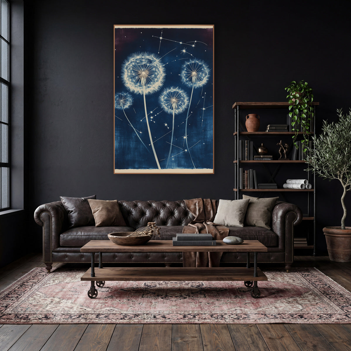 Four Tall Dandelion Starfield Botanical wall art in a moody dark academia room – four cream dandelion seed heads