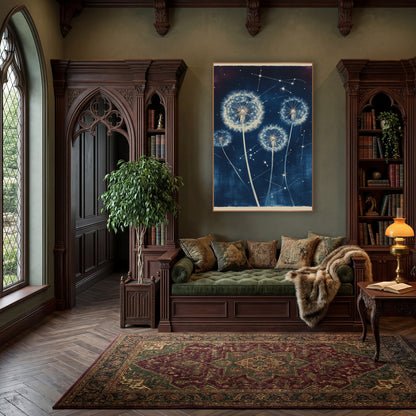 Four Tall Dandelion Starfield Botanical wall art in a moody dark academia room – four cream dandelion seed heads