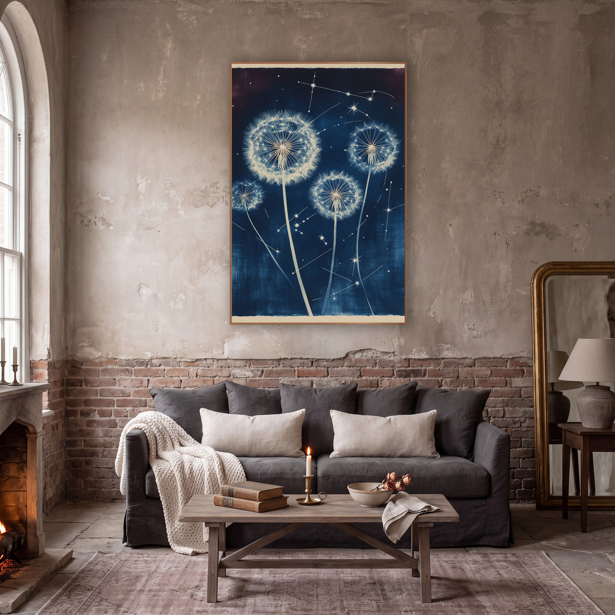 Four Tall Dandelion Starfield Botanical wall art in a moody dark academia room – four cream dandelion seed heads
