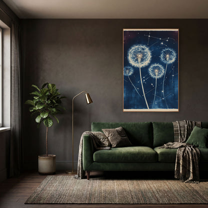 Four Tall Dandelion Starfield Botanical wall art in a moody dark academia room – four cream dandelion seed heads