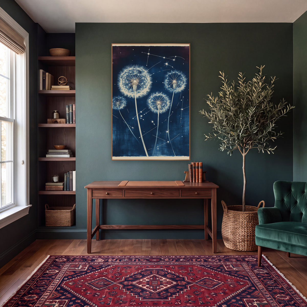 Four Tall Dandelion Starfield Botanical wall art in a moody dark academia room – four cream dandelion seed heads