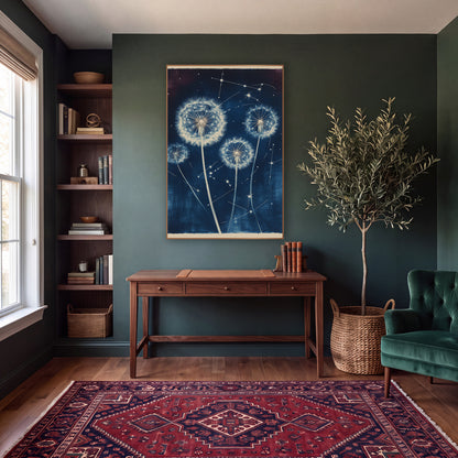 Four Tall Dandelion Starfield Botanical wall art in a moody dark academia room – four cream dandelion seed heads