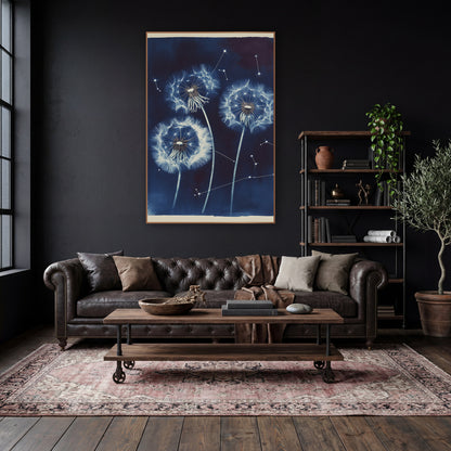 Midnight Dandelion Constellation Botanical wall art in a moody dark academia room – three white dandelion seed heads