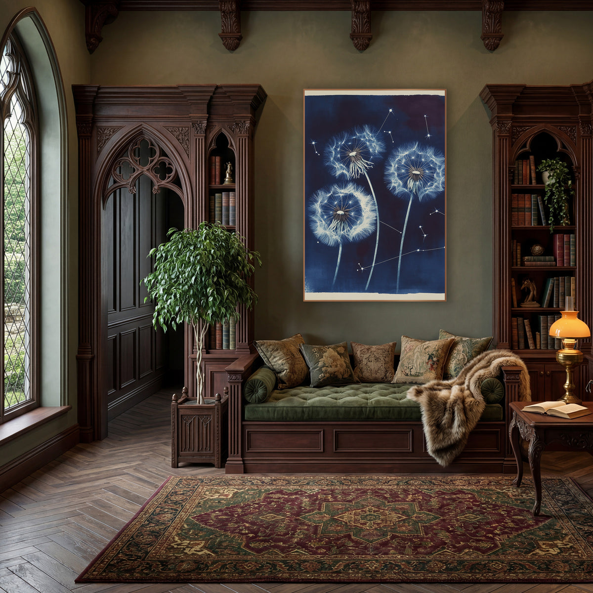 Midnight Dandelion Constellation Botanical wall art in a moody dark academia room – three white dandelion seed heads
