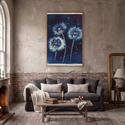 Midnight Dandelion Constellation Botanical wall art in a moody dark academia room – three white dandelion seed heads