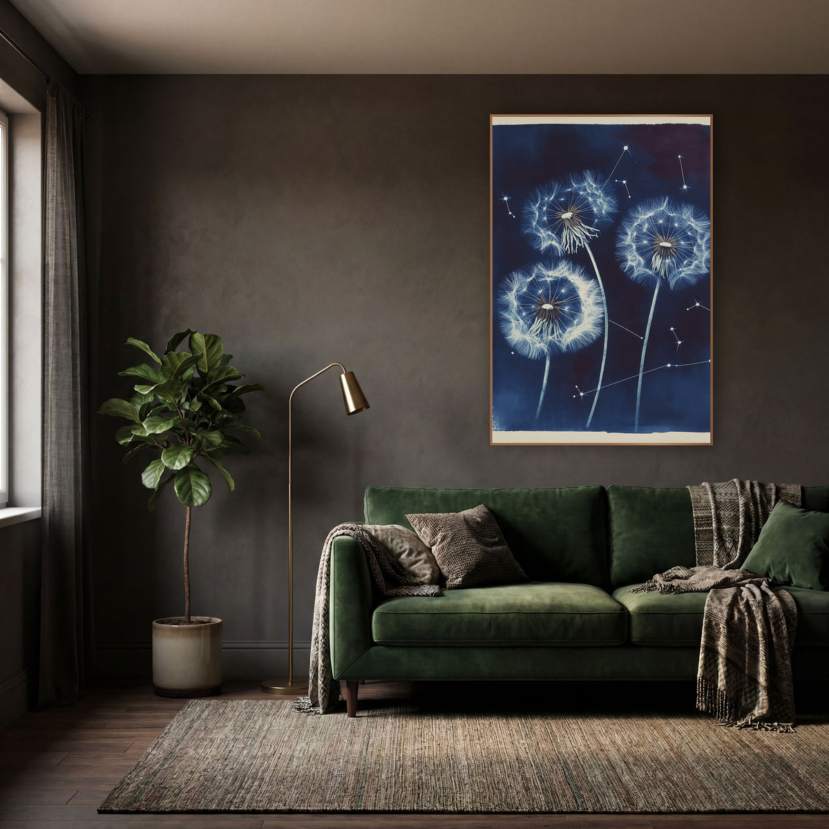 Midnight Dandelion Constellation Botanical wall art in a moody dark academia room – three white dandelion seed heads