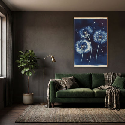 Midnight Dandelion Constellation Botanical wall art in a moody dark academia room – three white dandelion seed heads