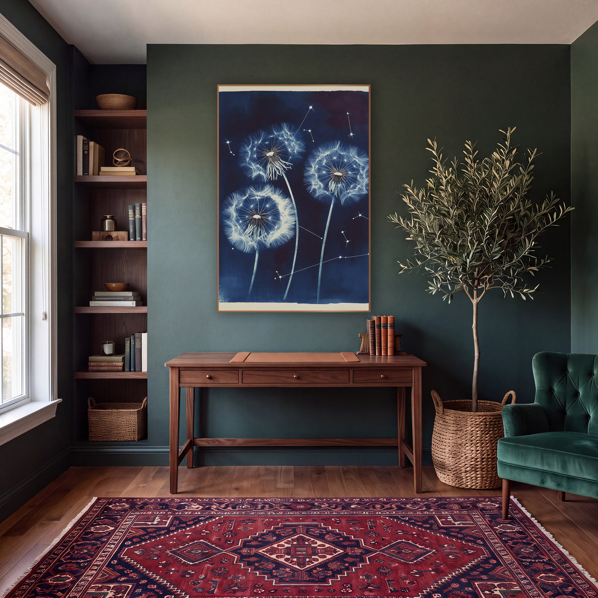 Midnight Dandelion Constellation Botanical wall art in a moody dark academia room – three white dandelion seed heads