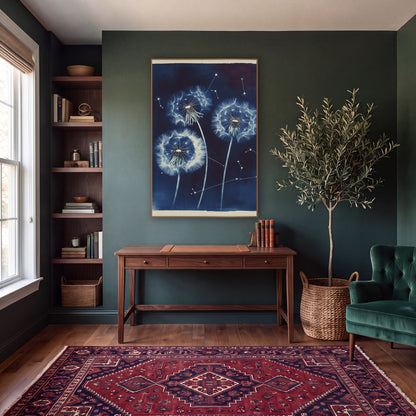 Midnight Dandelion Constellation Botanical wall art in a moody dark academia room – three white dandelion seed heads