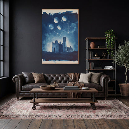 Moon Phases Over Ruins Celestial wall art in a moody dark academia room – navy blue night scene of four moon phases