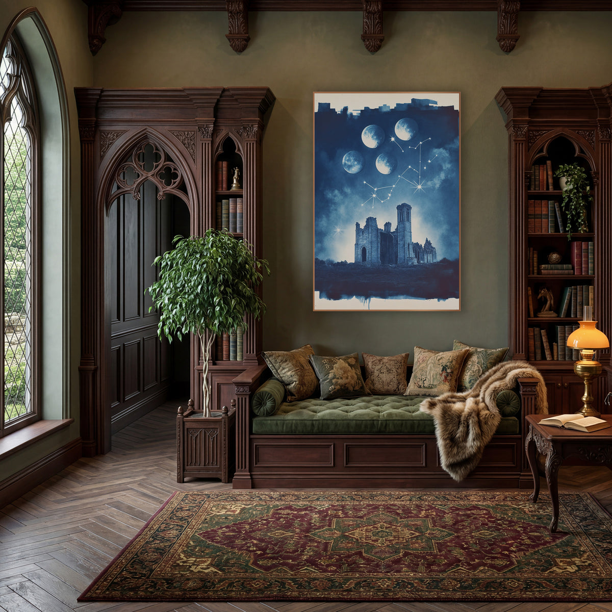 Moon Phases Over Ruins Celestial wall art in a moody dark academia room – navy blue night scene of four moon phases