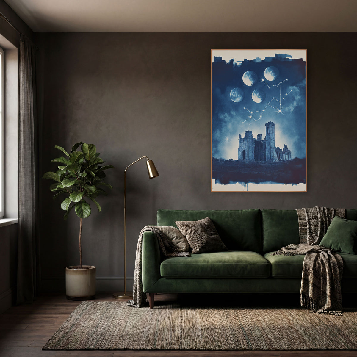 Moon Phases Over Ruins Celestial wall art in a moody dark academia room – navy blue night scene of four moon phases