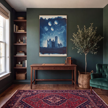 Moon Phases Over Ruins Celestial wall art in a moody dark academia room – navy blue night scene of four moon phases