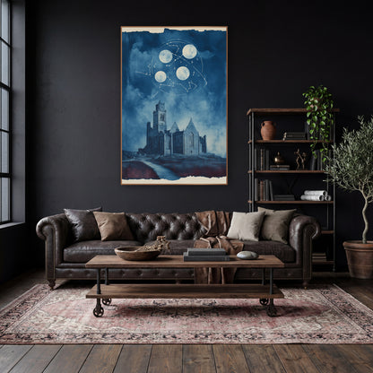 Moonlit Stone Abbey Constellation Celestial wall art in a moody dark academia room – blue-toned artwork of a ruined