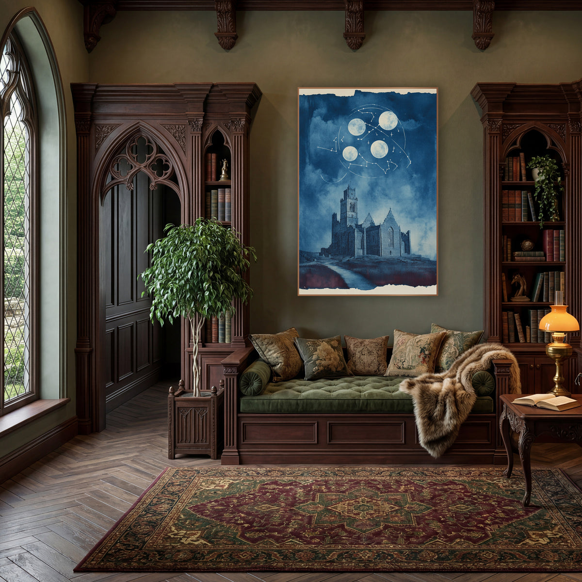 Moonlit Stone Abbey Constellation Celestial wall art in a moody dark academia room – blue-toned artwork of a ruined
