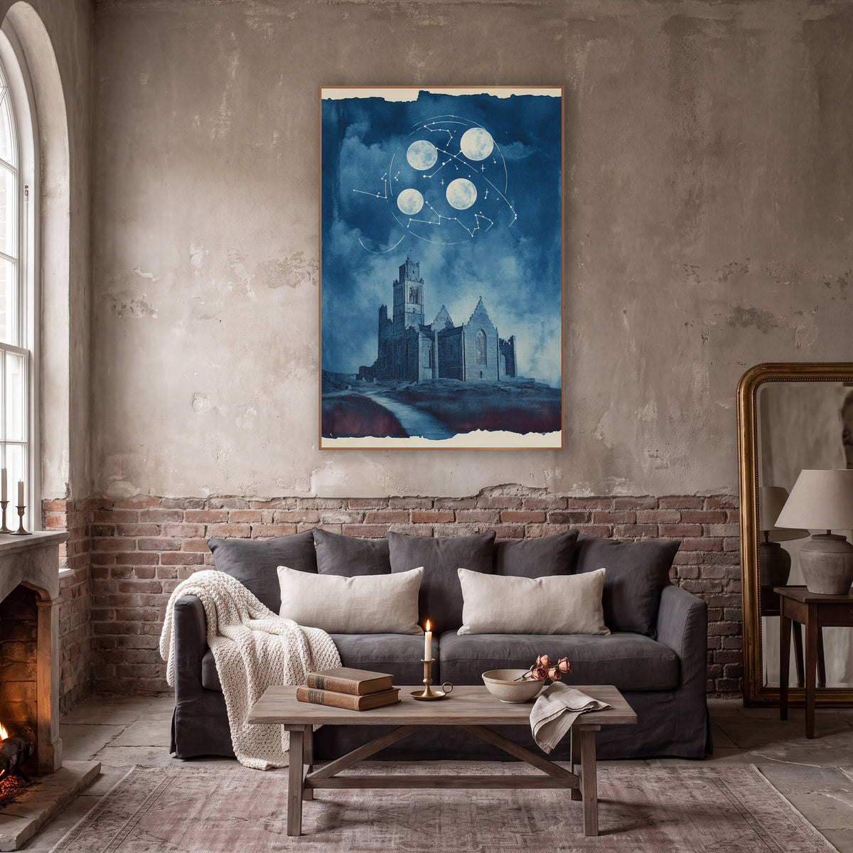 Moonlit Stone Abbey Constellation Celestial wall art in a moody dark academia room – blue-toned artwork of a ruined