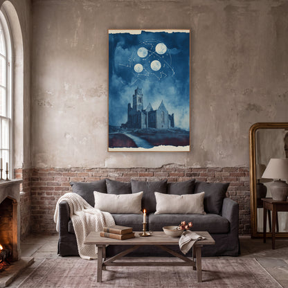 Moonlit Stone Abbey Constellation Celestial wall art in a moody dark academia room – blue-toned artwork of a ruined