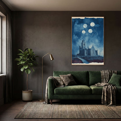 Moonlit Stone Abbey Constellation Celestial wall art in a moody dark academia room – blue-toned artwork of a ruined