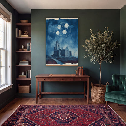 Moonlit Stone Abbey Constellation Celestial wall art in a moody dark academia room – blue-toned artwork of a ruined