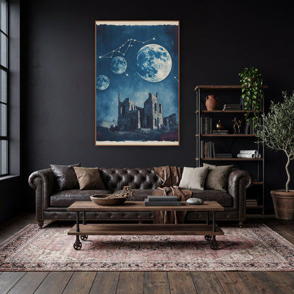 Three Moons Ruined Abbey Cyanotype wall art in a moody dark academia room – three moons and a constellation above
