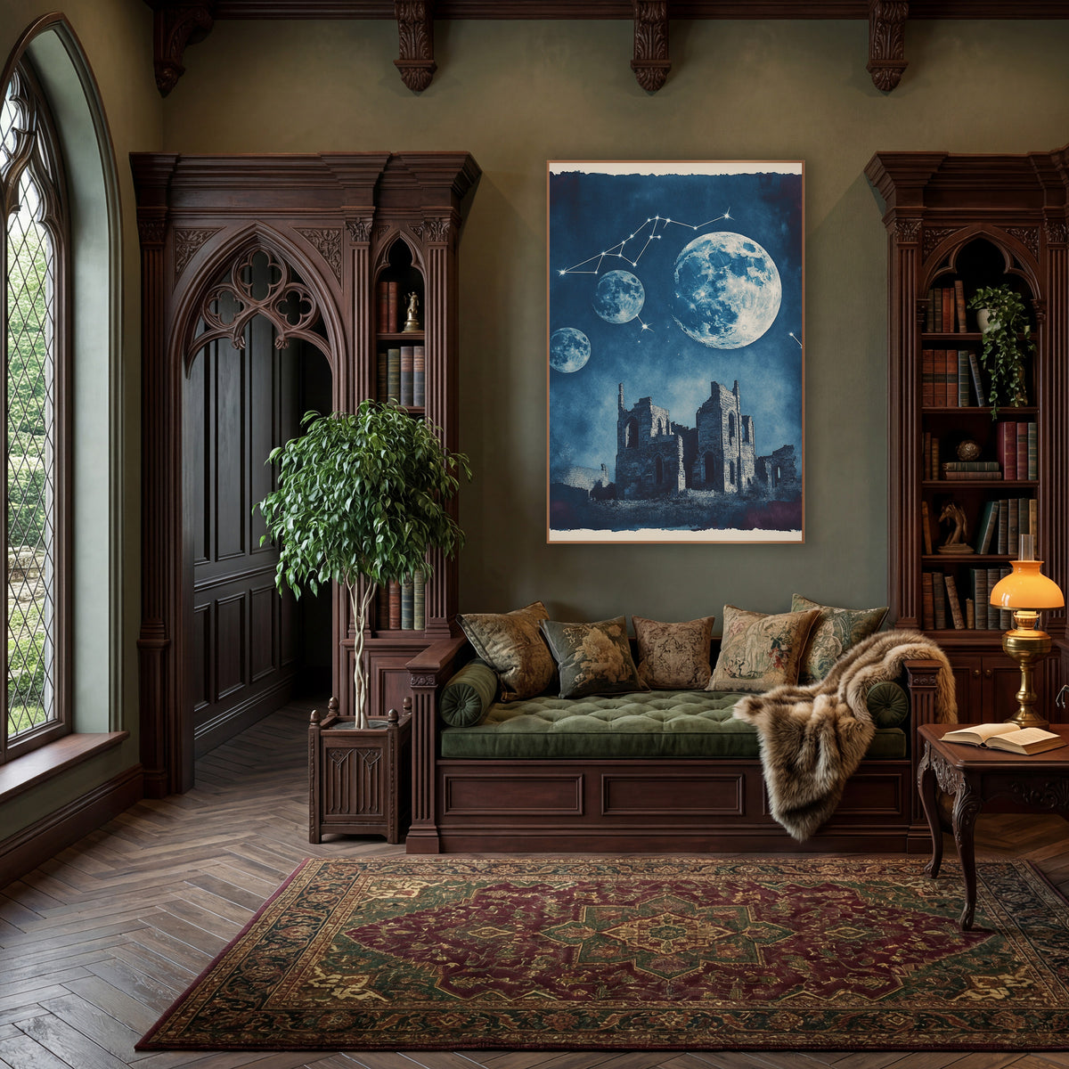 Three Moons Ruined Abbey Cyanotype wall art in a moody dark academia room – three moons and a constellation above