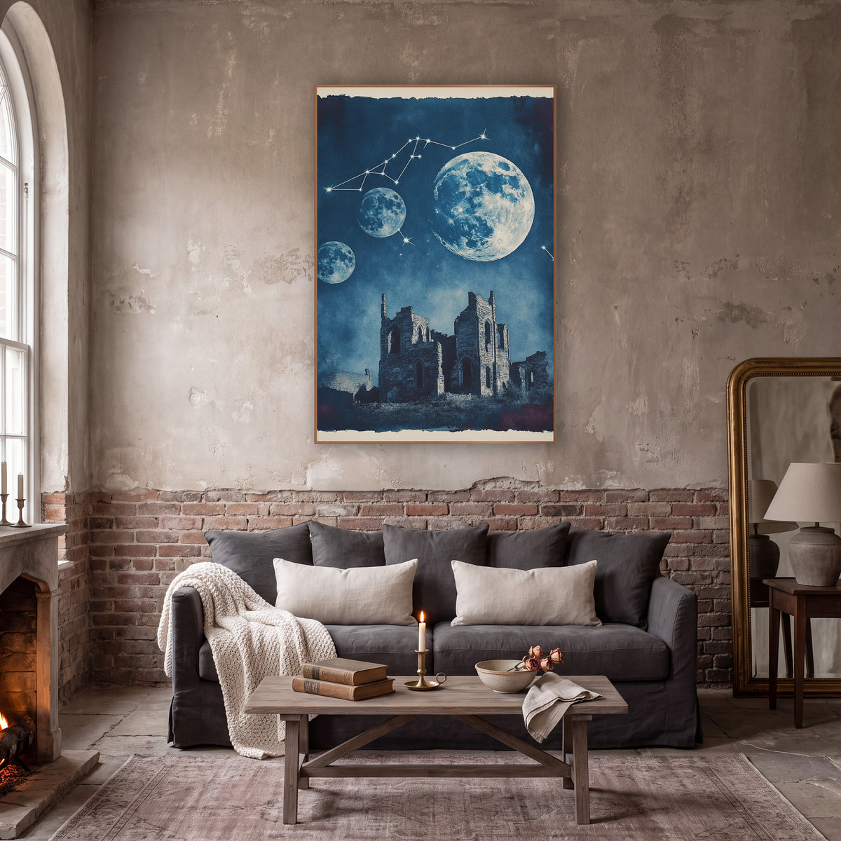 Three Moons Ruined Abbey Cyanotype wall art in a moody dark academia room – three moons and a constellation above