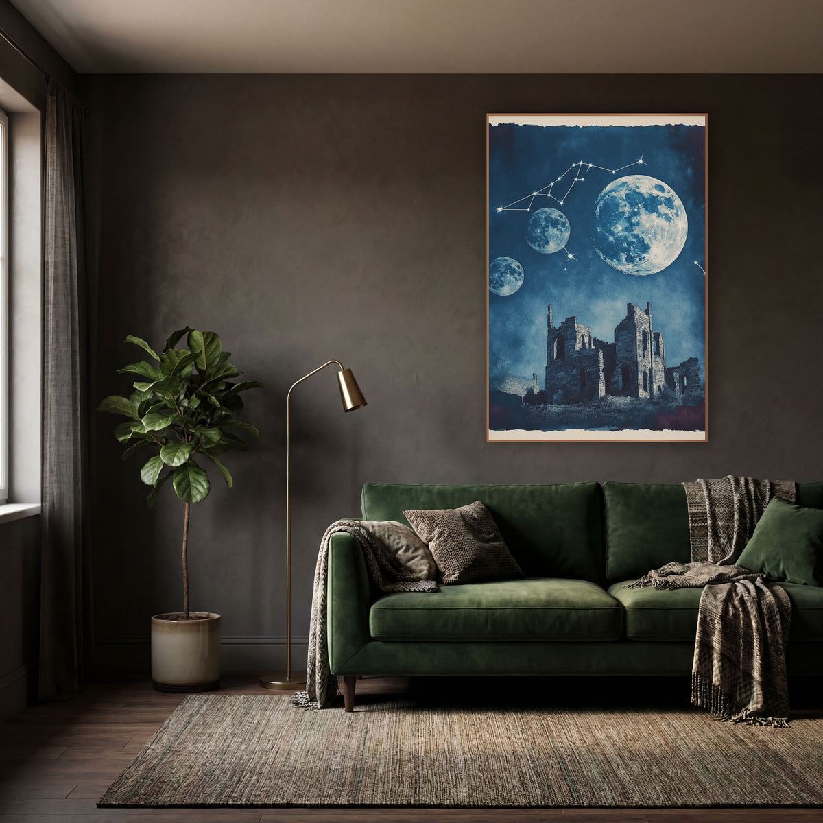 Three Moons Ruined Abbey Cyanotype wall art in a moody dark academia room – three moons and a constellation above