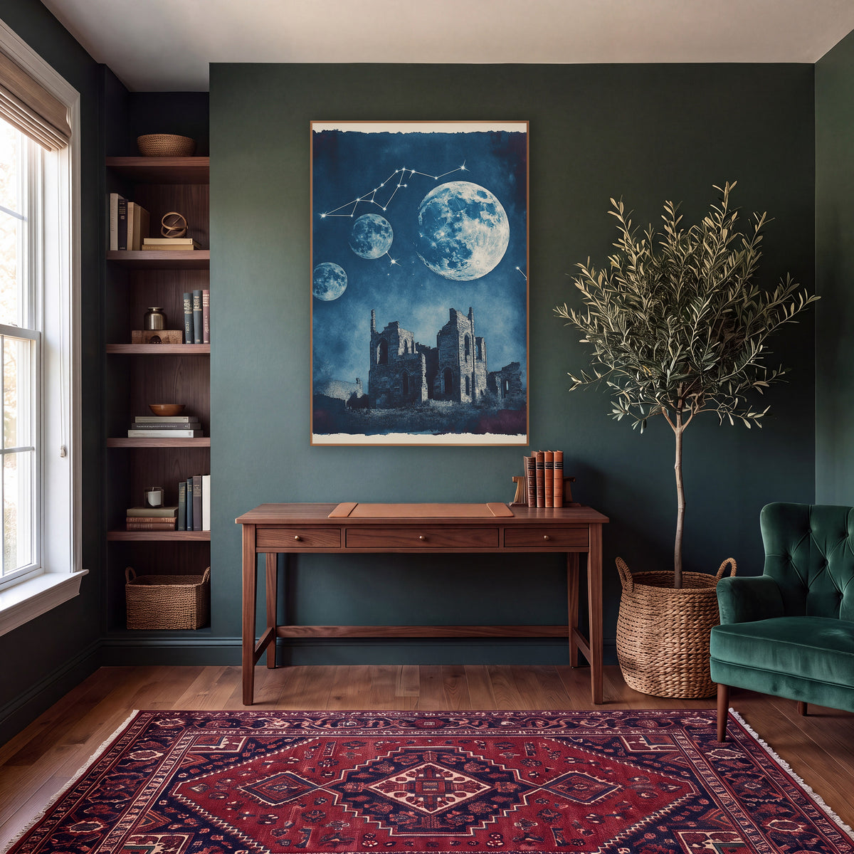Three Moons Ruined Abbey Cyanotype wall art in a moody dark academia room – three moons and a constellation above