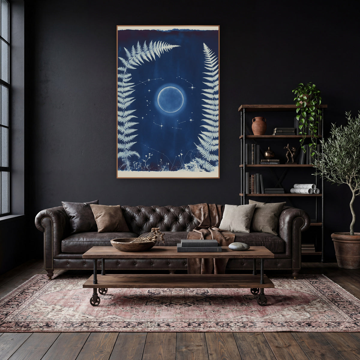Midnight Blue Fern Moon Botanical wall art in a moody dark academia room – white fern fronds frame a glowing moon