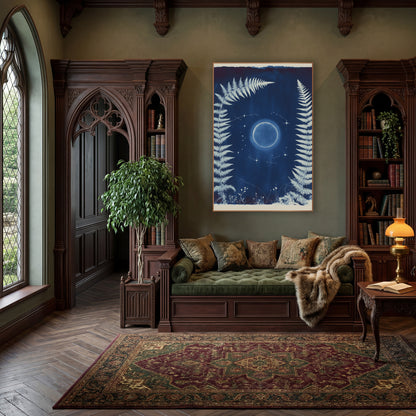 Midnight Blue Fern Moon Botanical wall art in a moody dark academia room – white fern fronds frame a glowing moon