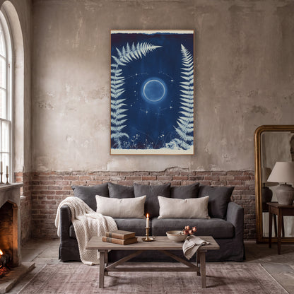Midnight Blue Fern Moon Botanical wall art in a moody dark academia room – white fern fronds frame a glowing moon