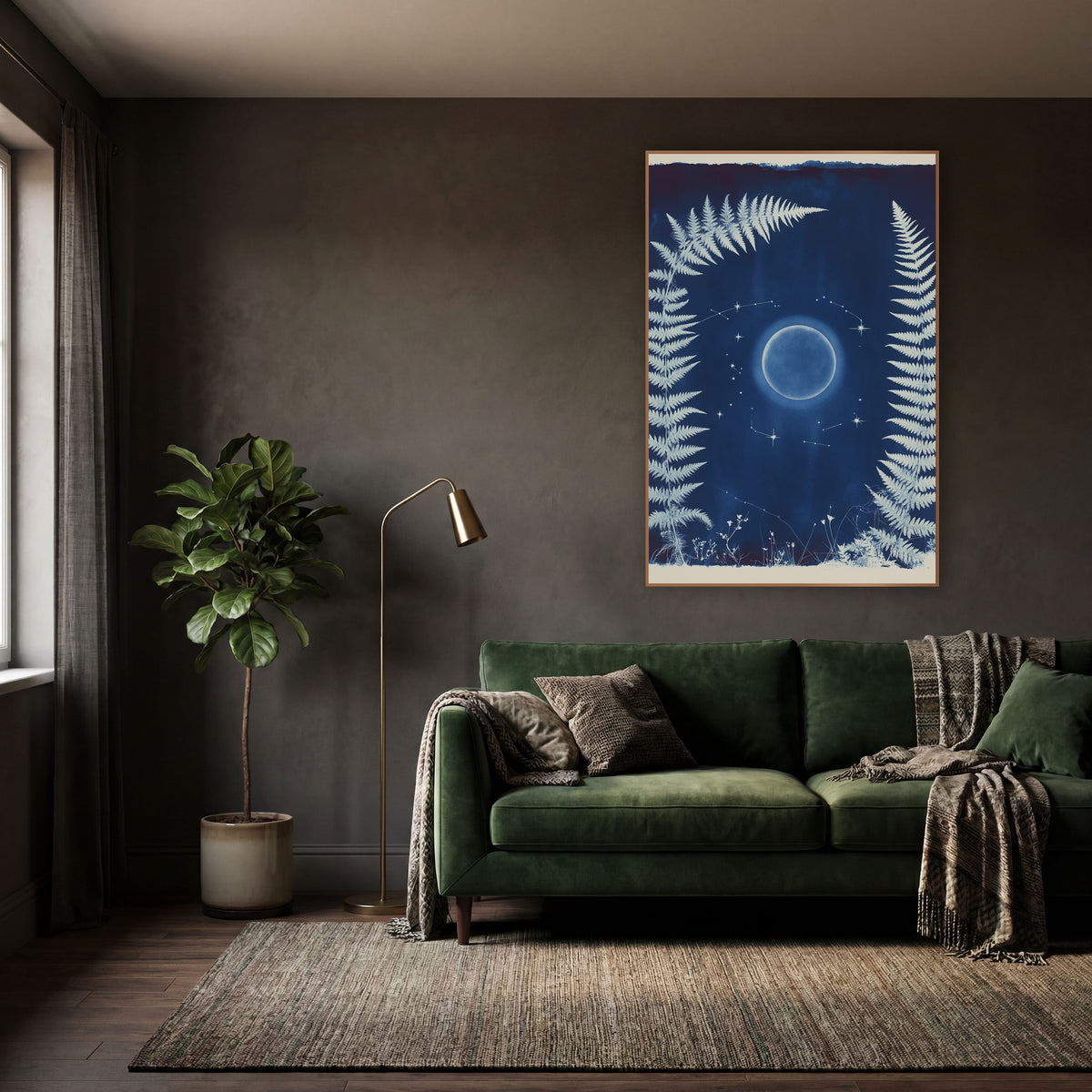 Midnight Blue Fern Moon Botanical wall art in a moody dark academia room – white fern fronds frame a glowing moon