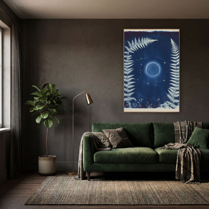 Midnight Blue Fern Moon Botanical wall art in a moody dark academia room – white fern fronds frame a glowing moon