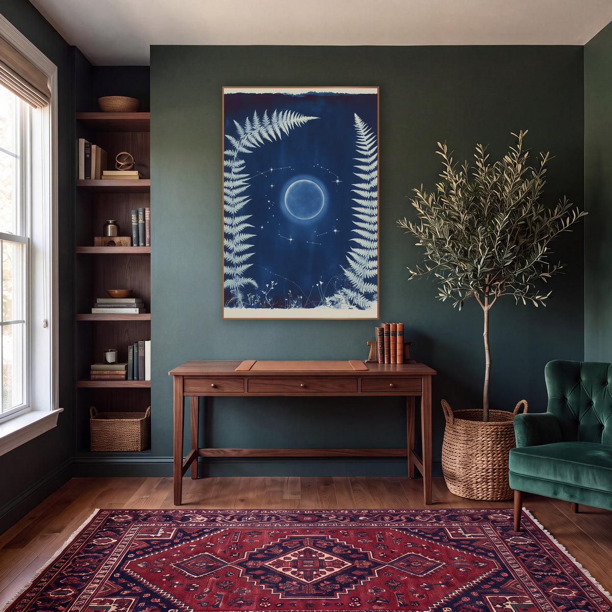 Midnight Blue Fern Moon Botanical wall art in a moody dark academia room – white fern fronds frame a glowing moon