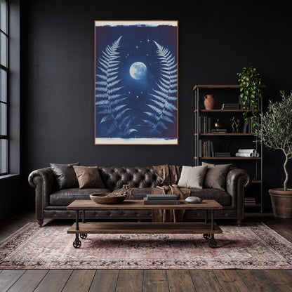 Twin Ferns Full Moon Celestial wall art in a moody dark academia room – two pale blue fern fronds frame a glowing full