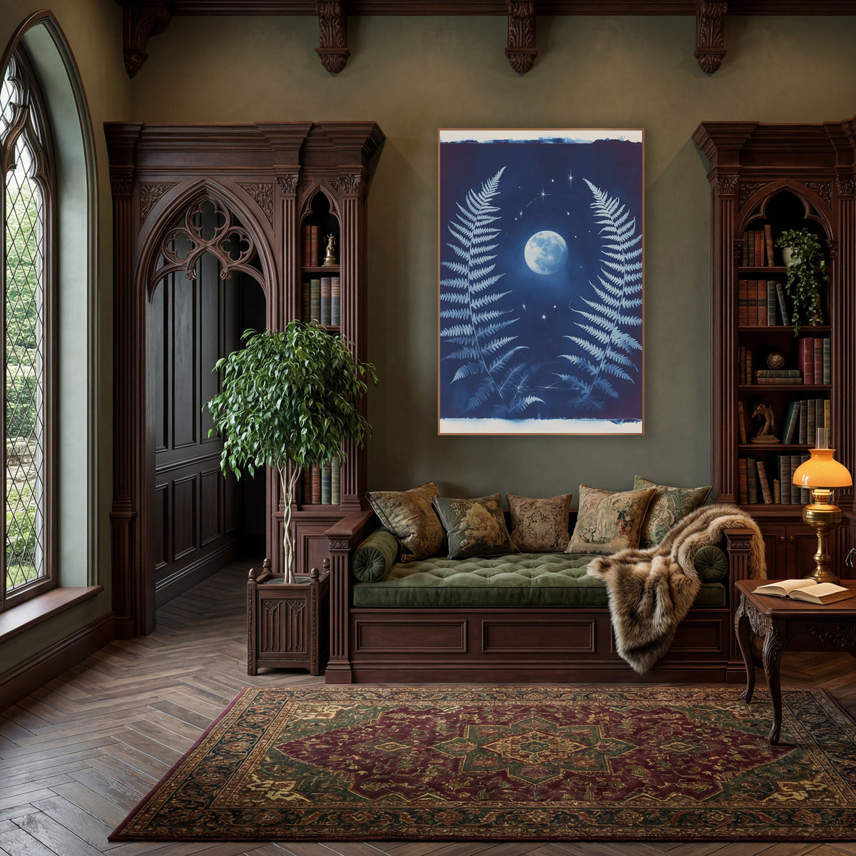 Twin Ferns Full Moon Celestial wall art in a moody dark academia room – two pale blue fern fronds frame a glowing full